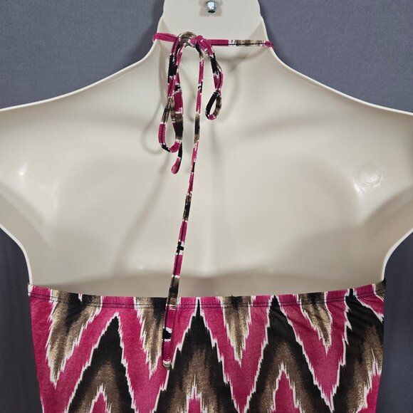 Y2K Mini Halter Dress Size L McBling Boho Groovy Ikat Print Purple Brown 2000s - Picture 9 of 10